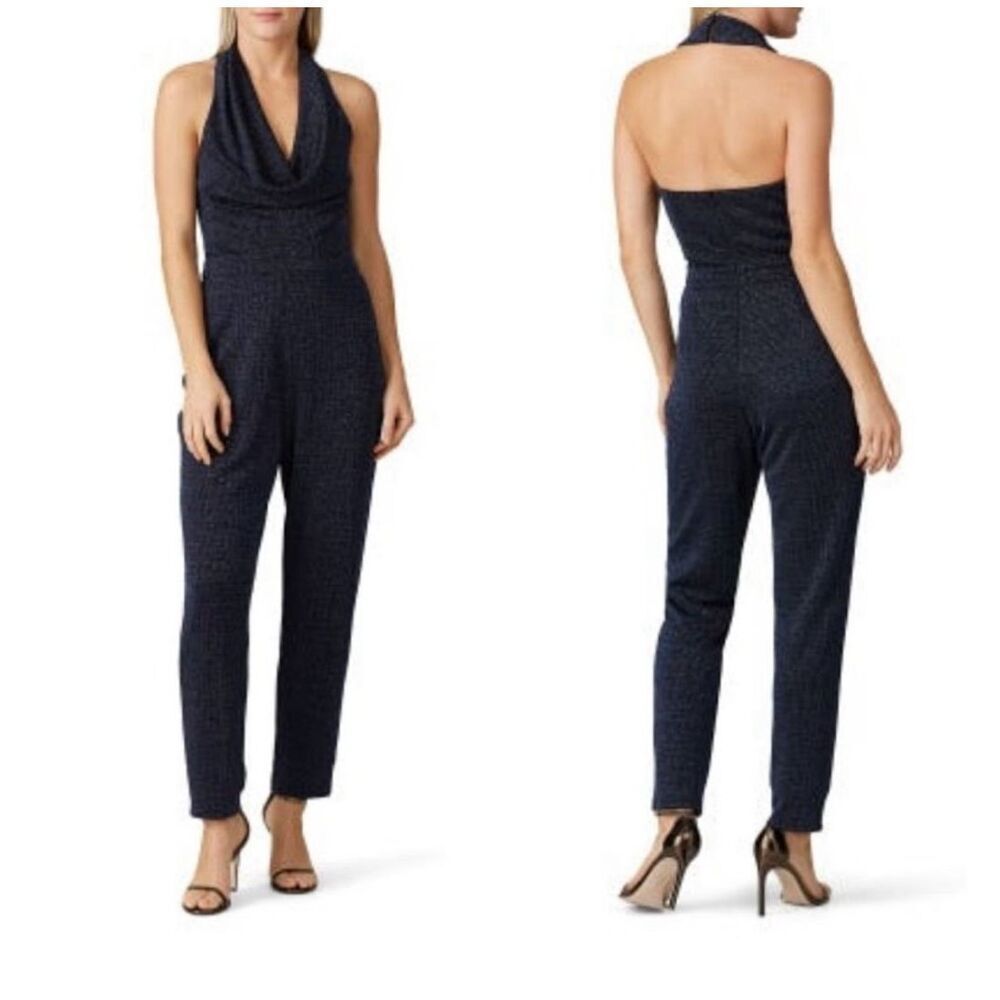 Harlyn Xs Navy Pink Metallic Halter Cowl Neck Jumpsuit Glam Party Dressy Nye Nwt